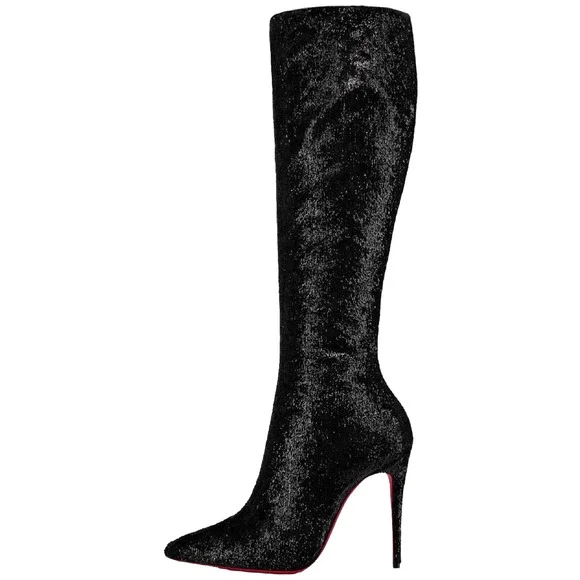 Christian Louboutin Kate Botta 100 Black Velours Papillon Knee Heel Boot 37.5 - Picture 3 of 12